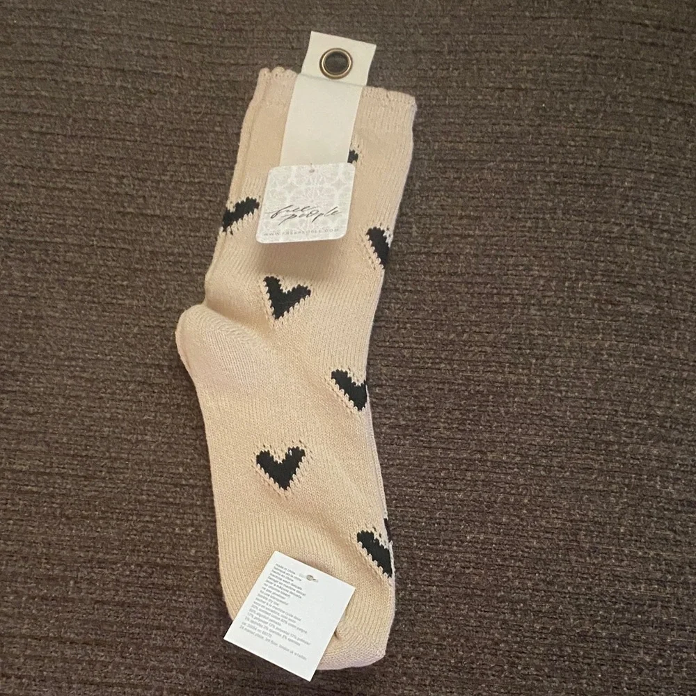 Free People Beige Socks with Black Heart Motif